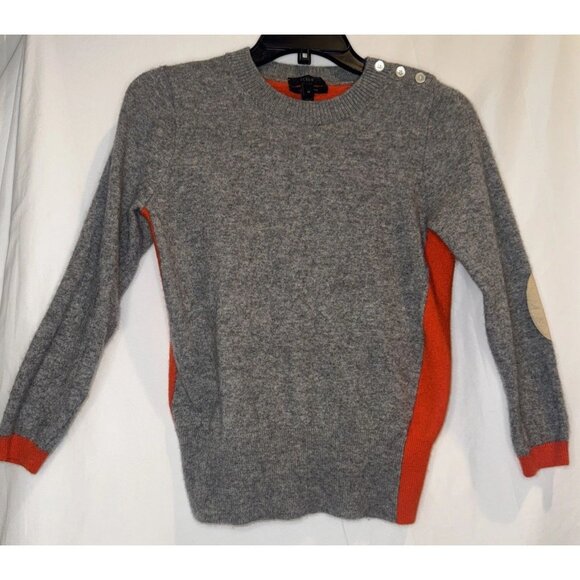 J. CREW Women’s Gray Orange Wool Cashmere Elbow Patch Crew Neck Sweater Sz M - Picture 1 of 10